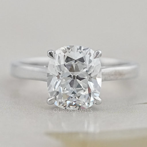 top view of old mine cushion cut lab diamond solitaire engagement ring