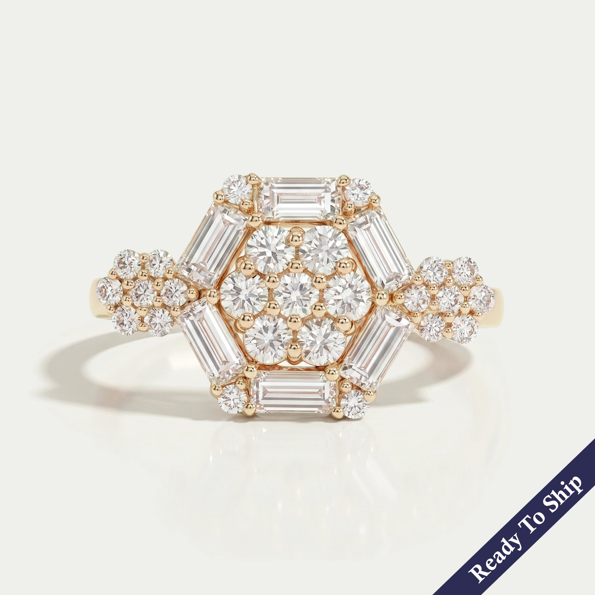 Octagon Shape Baguette Cut Halo Yellow Gold Engagement Ring