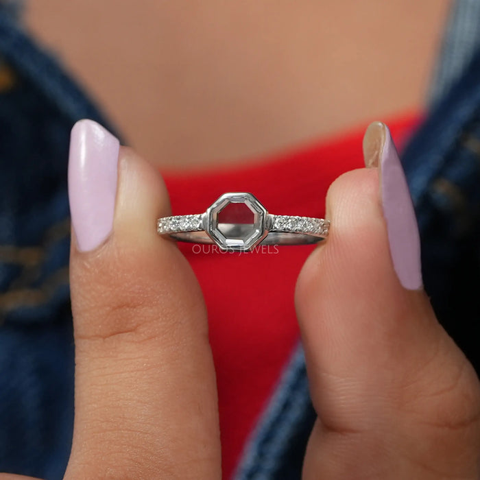 Zoomed view Octagon cut lab made diamond engagement ring