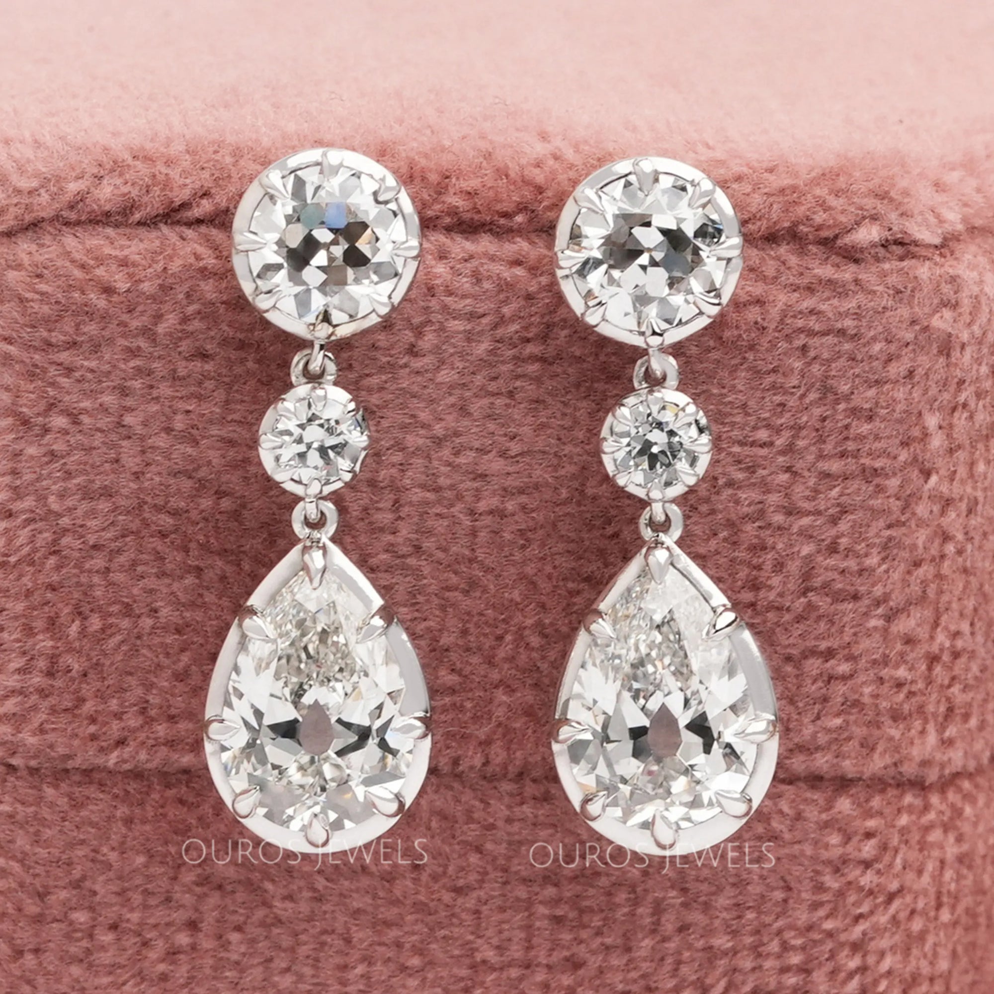 Old Mine Pear And OEC Round Cut Lab Diamond Dangle Earrings Earrings
