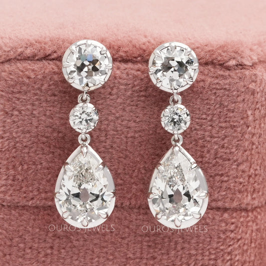 Old Mine Pear And OEC Round Cut Lab Diamond Dangle Earrings Earrings