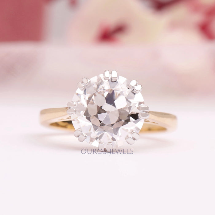 front view of old european round cut diamond double prong engagement ring