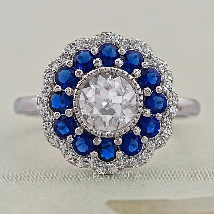 Old European Round Cut Sapphire Halo Engagement Ring