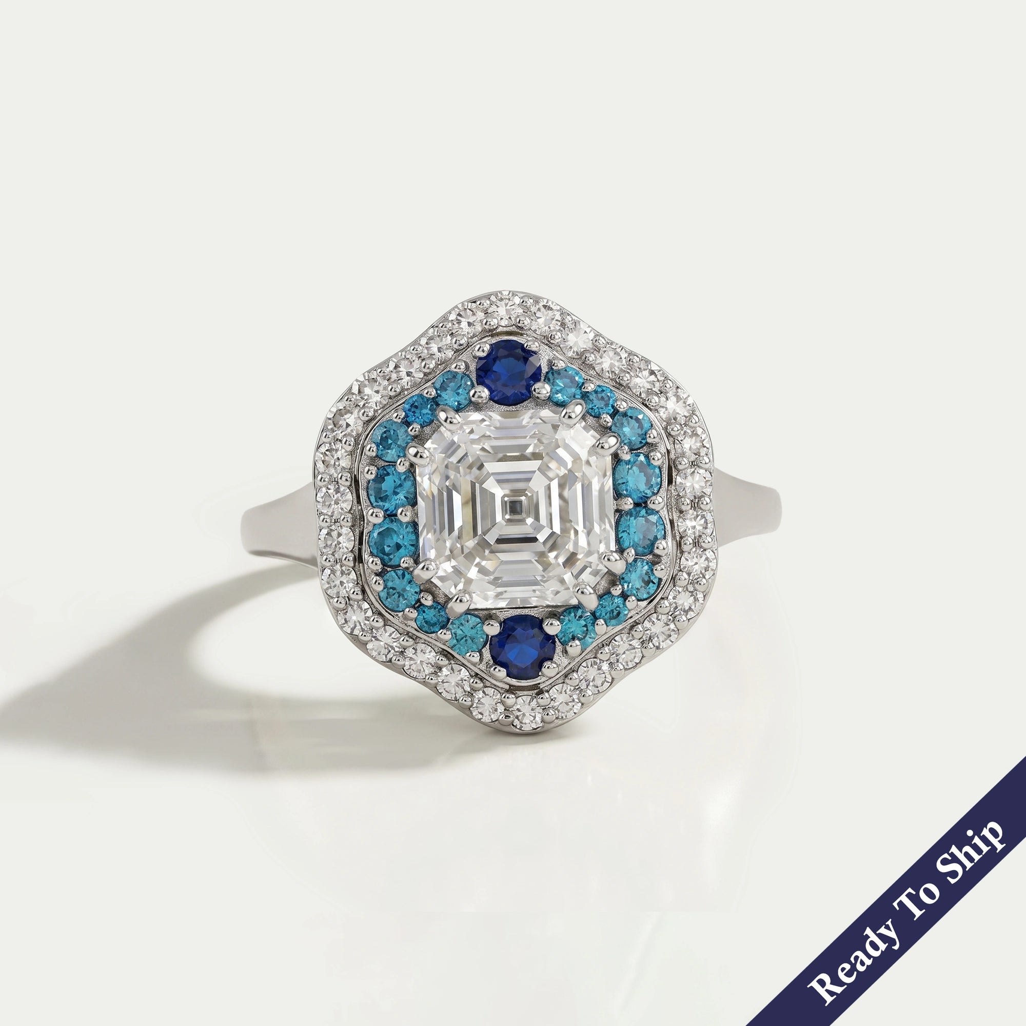 Old Mine Asscher Diamond And Gemstone Double Halo Ring Rings