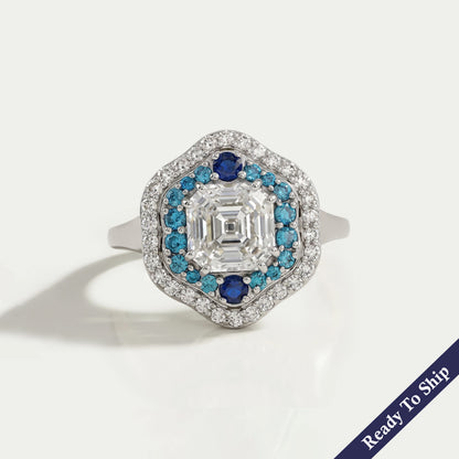 Old Mine Asscher Diamond And Gemstone Double Halo Ring Rings