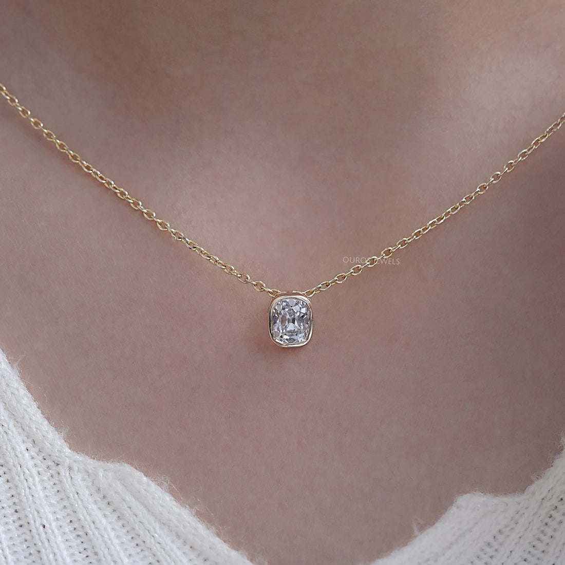 Old Mine Cushion Lab Diamond Bezel Set Pendant Necklaces