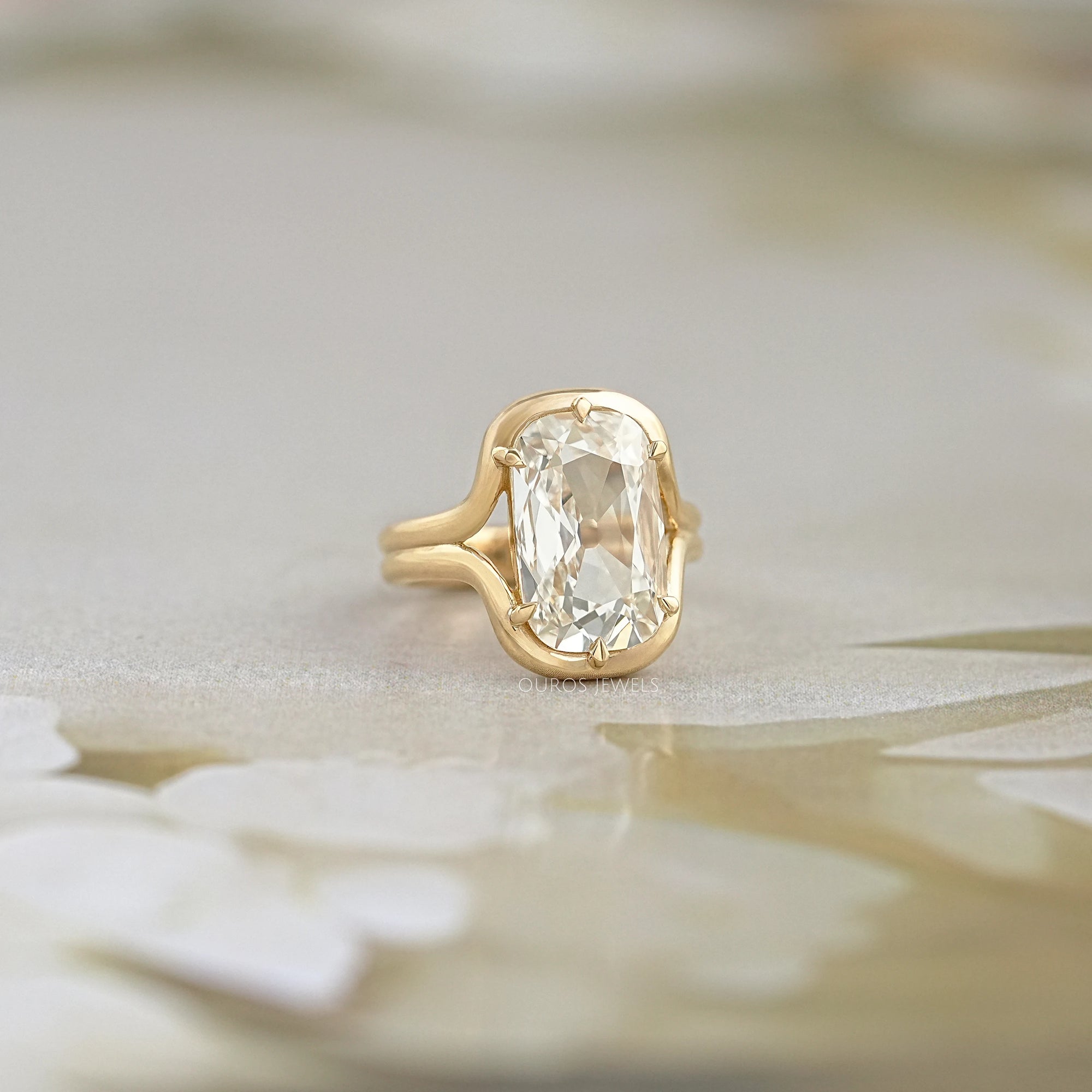 Old Mine Cushion Diamond Half Bezel Set Split Shank Ring Ring