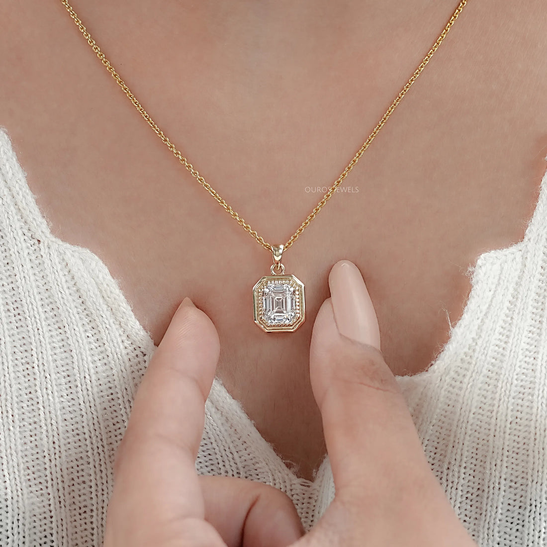 Old Mine Emerald Lab Diamond Milgrain Bezel Set Pendant Necklaces