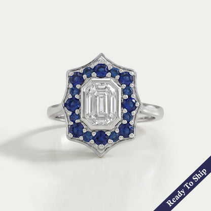 Bezel Set Old Mine Emerald Diamond Halo Gemstone Ring Rings