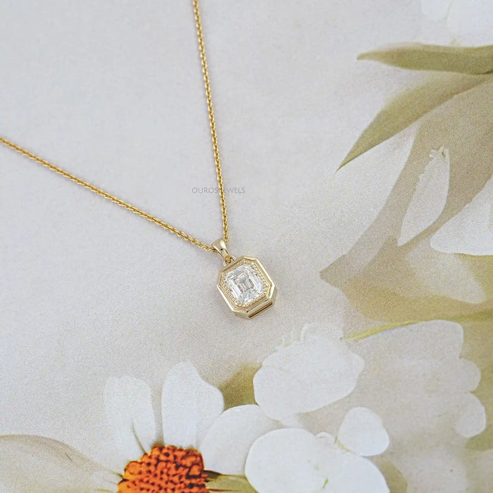 Old Mine Emerald Lab Diamond Milgrain Bezel Set Pendant