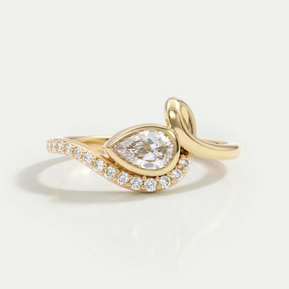 Bezel Old Mine Pear Diamond Wave Accent Ring Ring