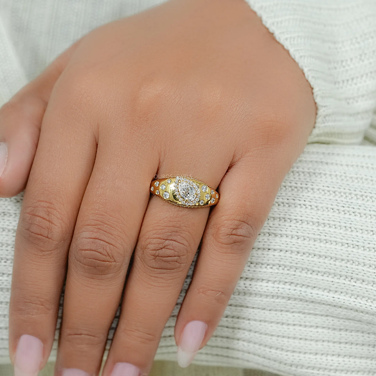 Old Mine Pear Diamond Halo Wide Flush Set Ring Ring