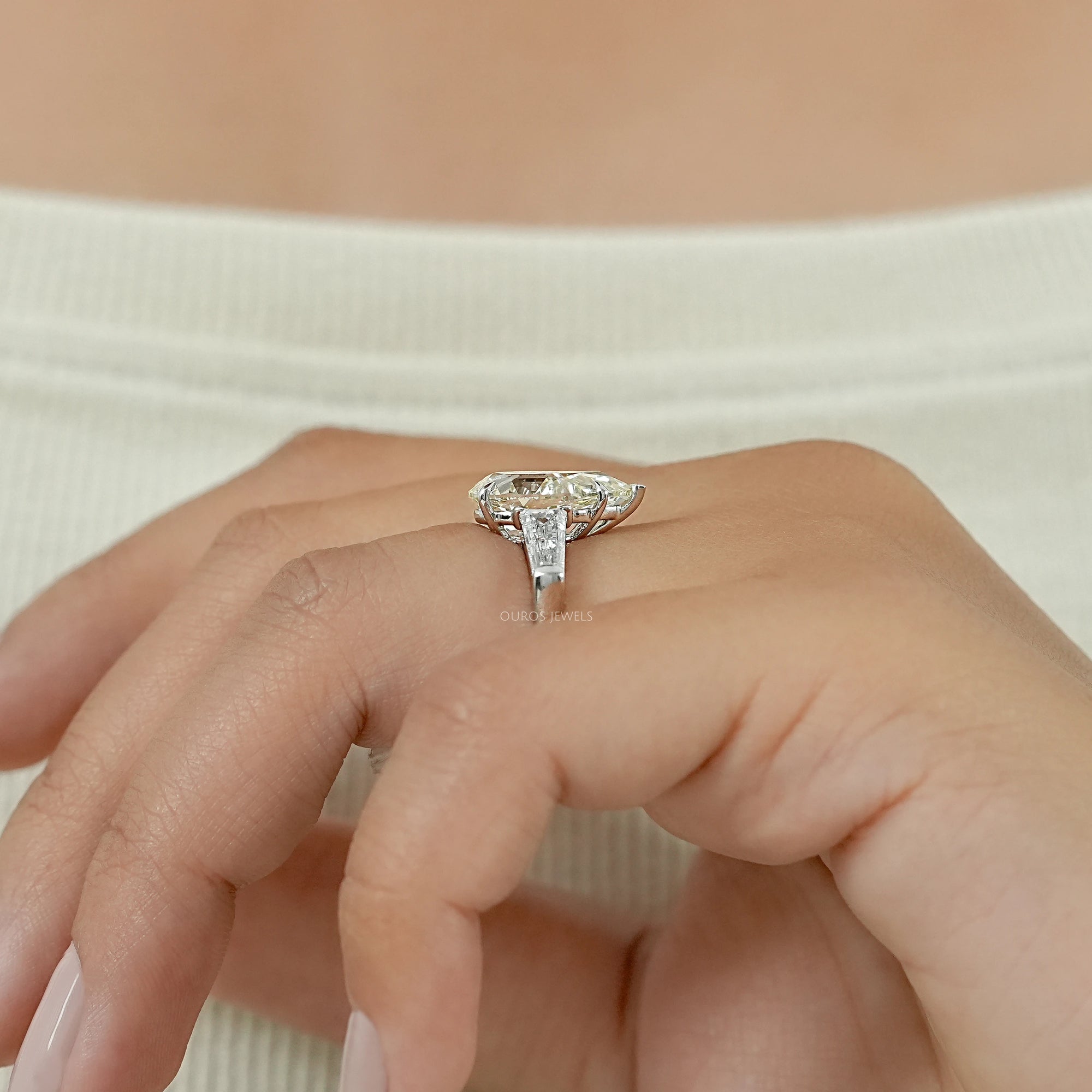 3 Stone Pear and Tapered Baguette Diamond Ring
