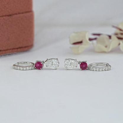 Old Mine Pear Diamond And Ruby Cushion Drop Hoop Earrings Earrings