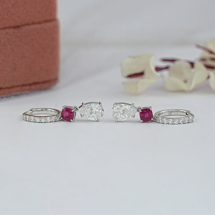 Old Mine Pear Diamond And Ruby Cushion Drop Hoop Earrings