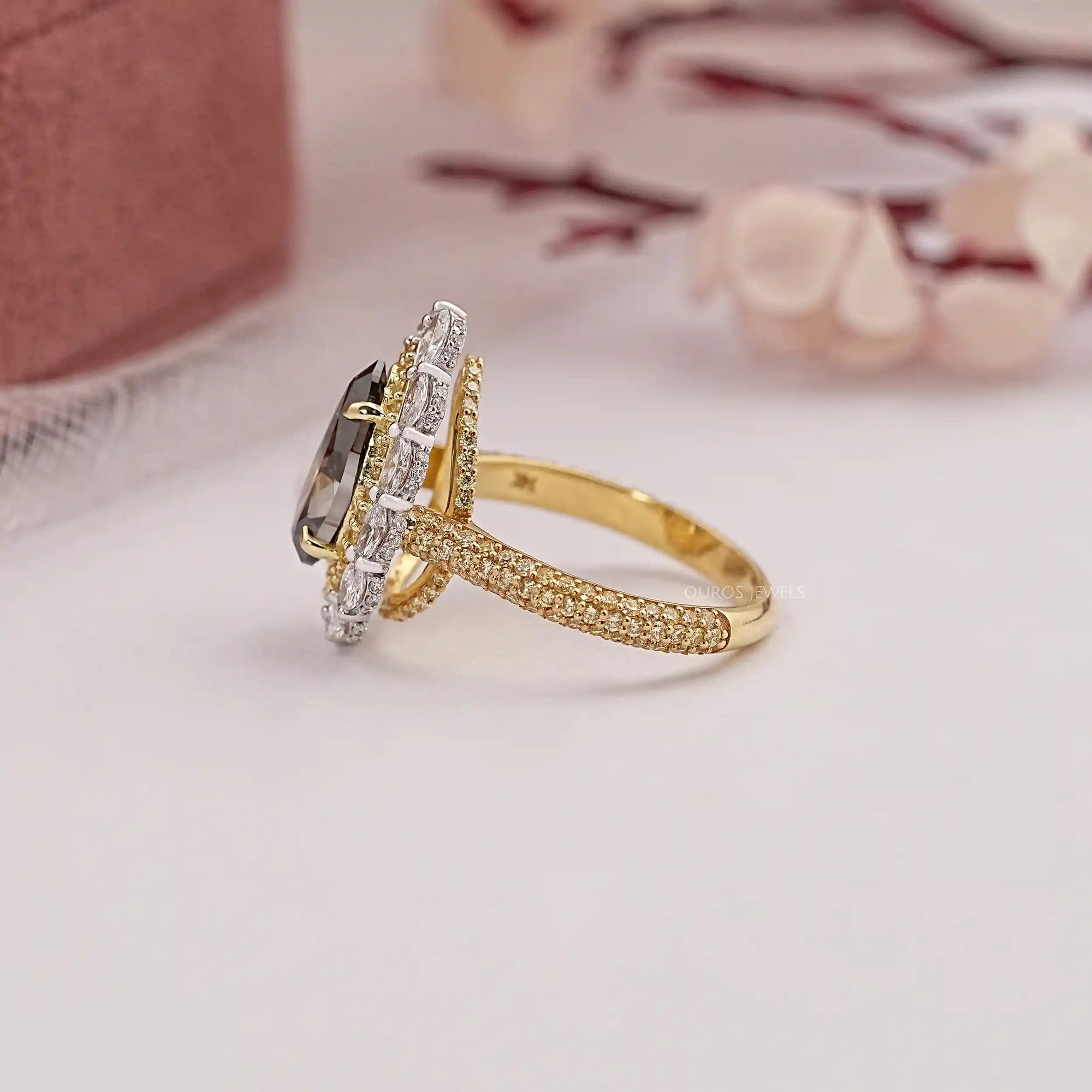 Champagne Pear Cut Double Halo Engagement Ring Rings