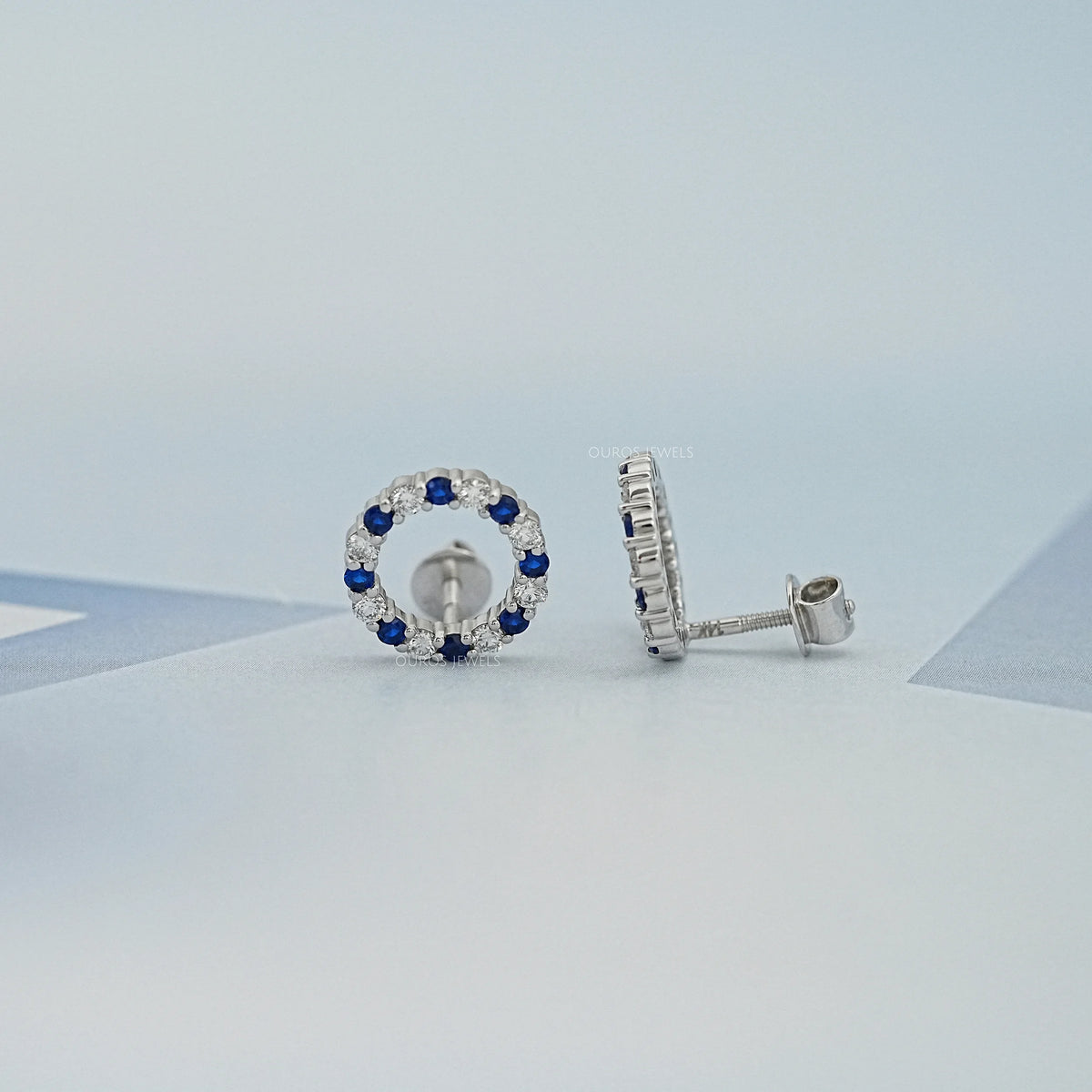 Blue Sapphire Gemstone Circle Stud Earrings