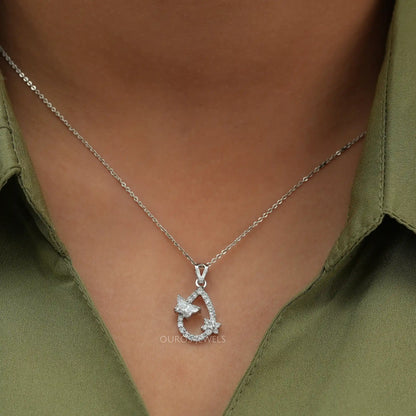 Open Pear Shaped Butterfly And Round Cut Pendant