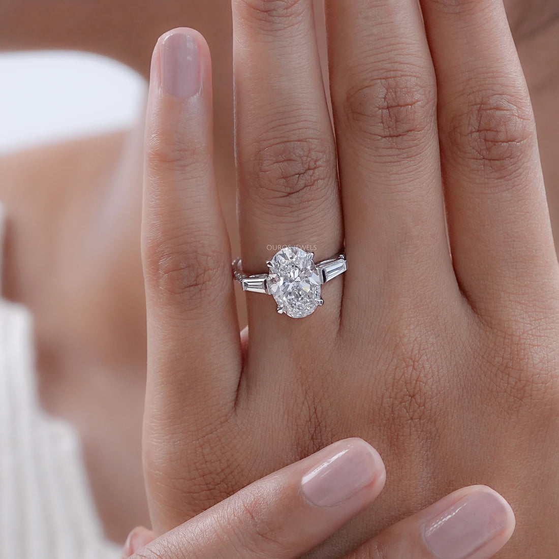 Oval Cut Three Stone Accent Diamond Engagement Ring Ring