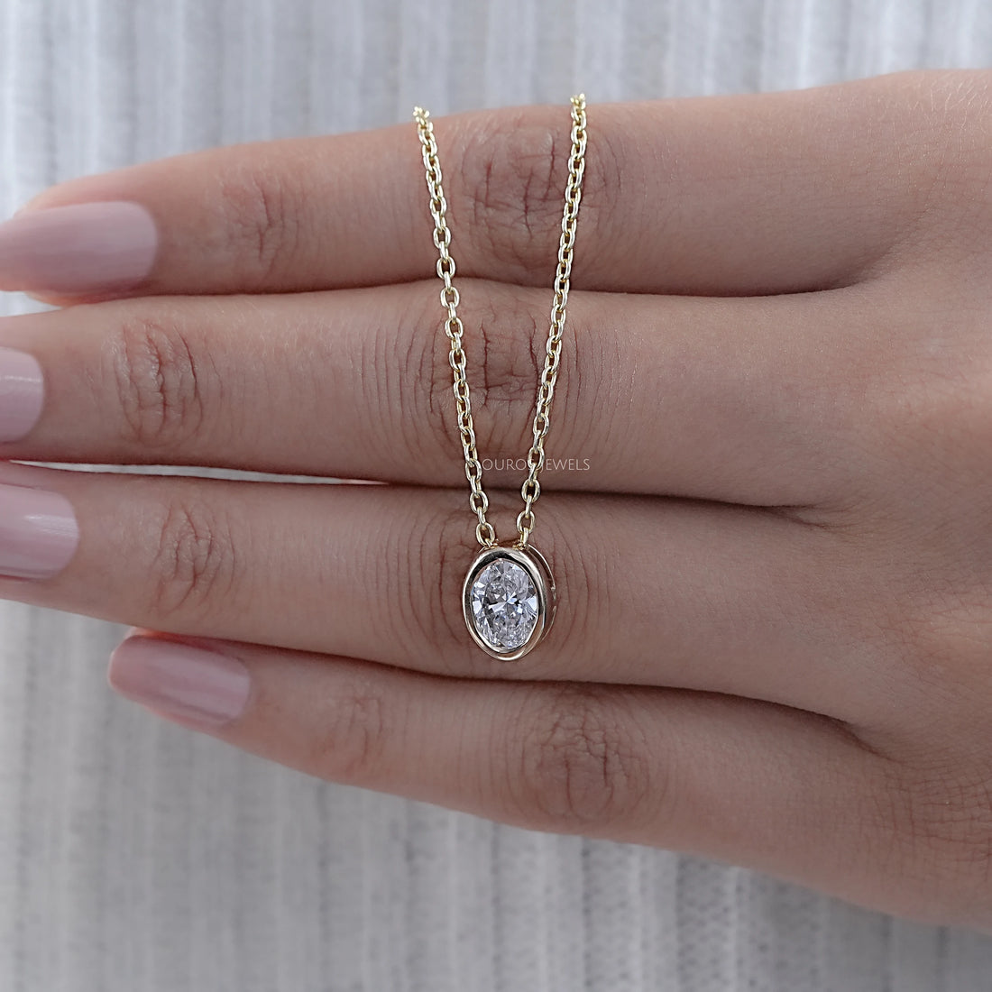 Oval Lab Diamond Bezel Set Solitaire Pendant Necklaces