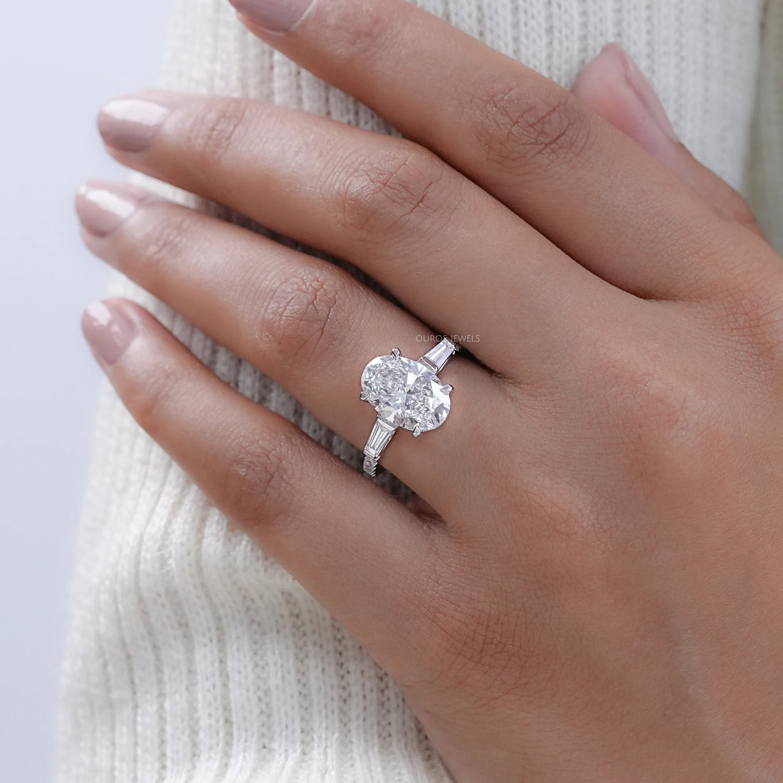 Oval Cut Three Stone Accent Diamond Engagement Ring Ring