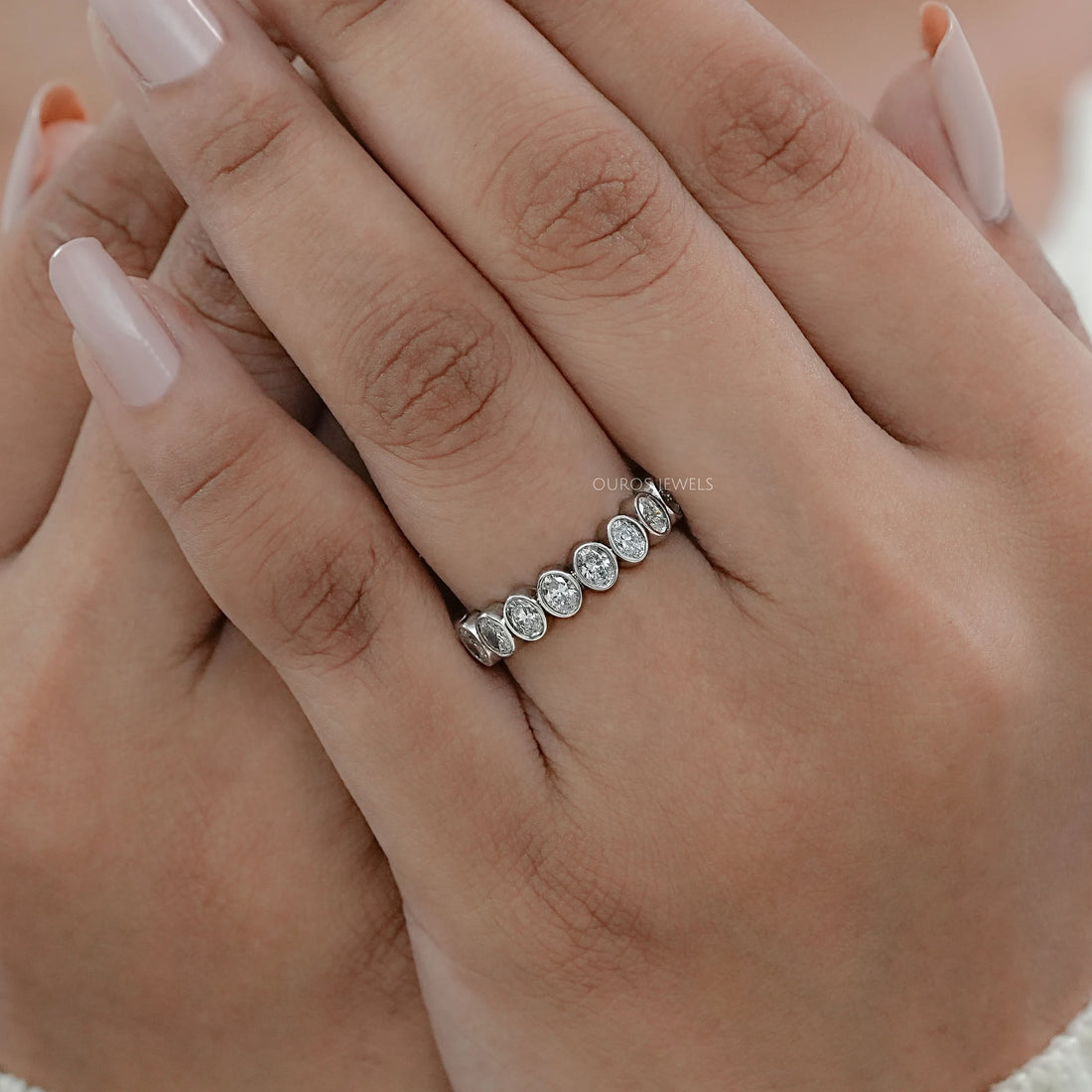 Bezel Set Oval Cut Lab Diamond Wedding Band