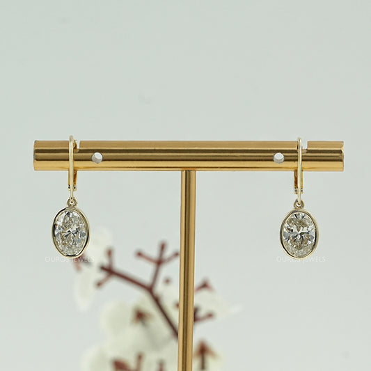 Oval Diamond Bezel Set Drop Hoop Earrings Earrings