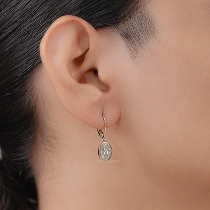 Oval Diamond Bezel Set Drop Hoop Earrings