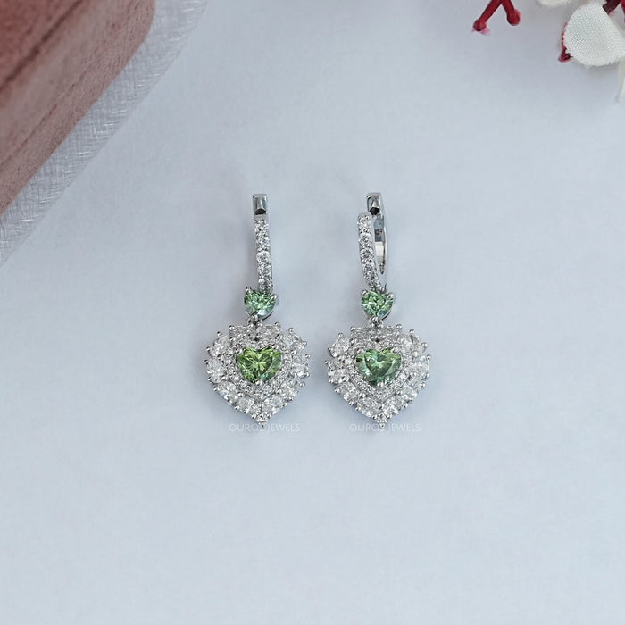 Green Heart Diamond Halo Set Dangle Earring