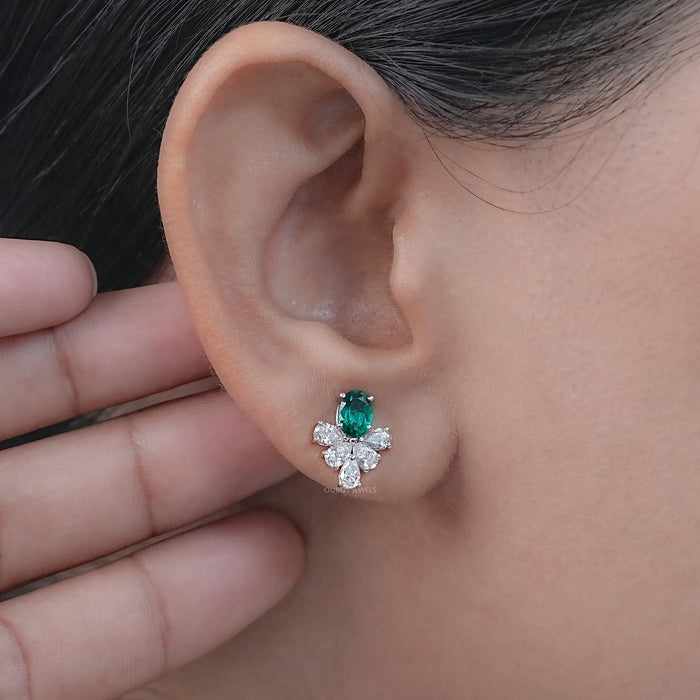 Green Oval  And Pear Lab Diamond Floral Stud Earrings