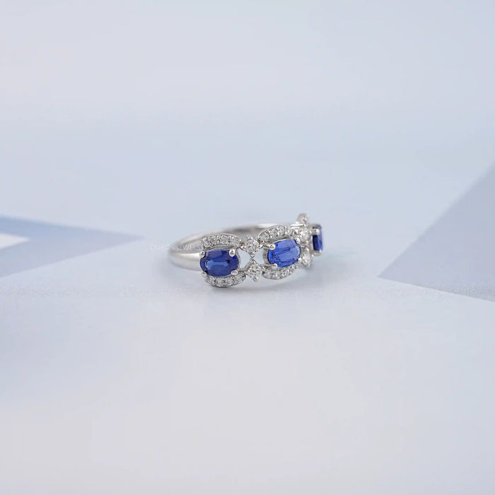 Three Stone Sapphire Oval Gemstone Halo Ring