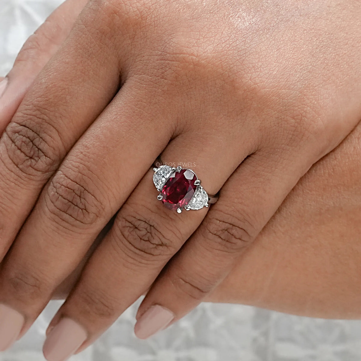 Ruby Oval Gemstone Three Stone Engagement Ring Rings