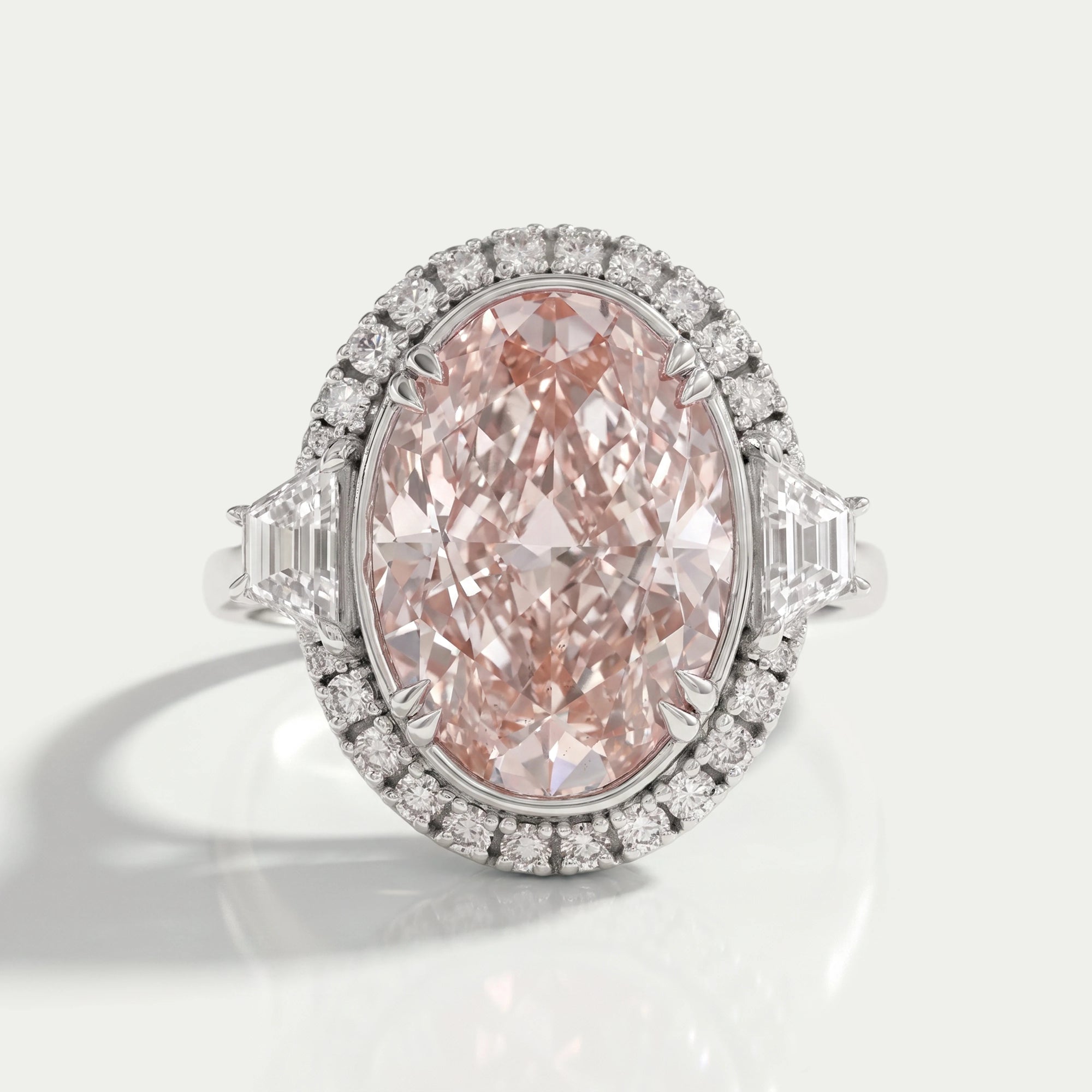 Trapezoid With Pink Oval Accent Halo Diamond Ring Rings