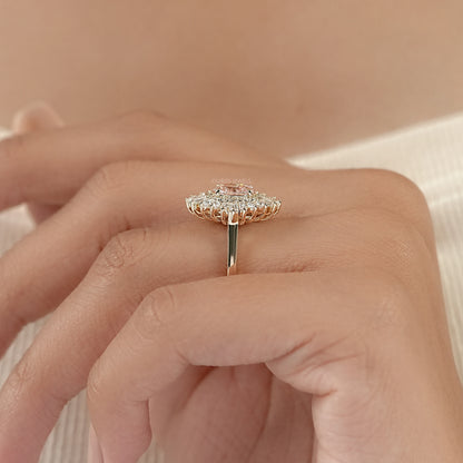 Fancy Vivid Pink Oval Cut Double Halo Sunbrust Ring