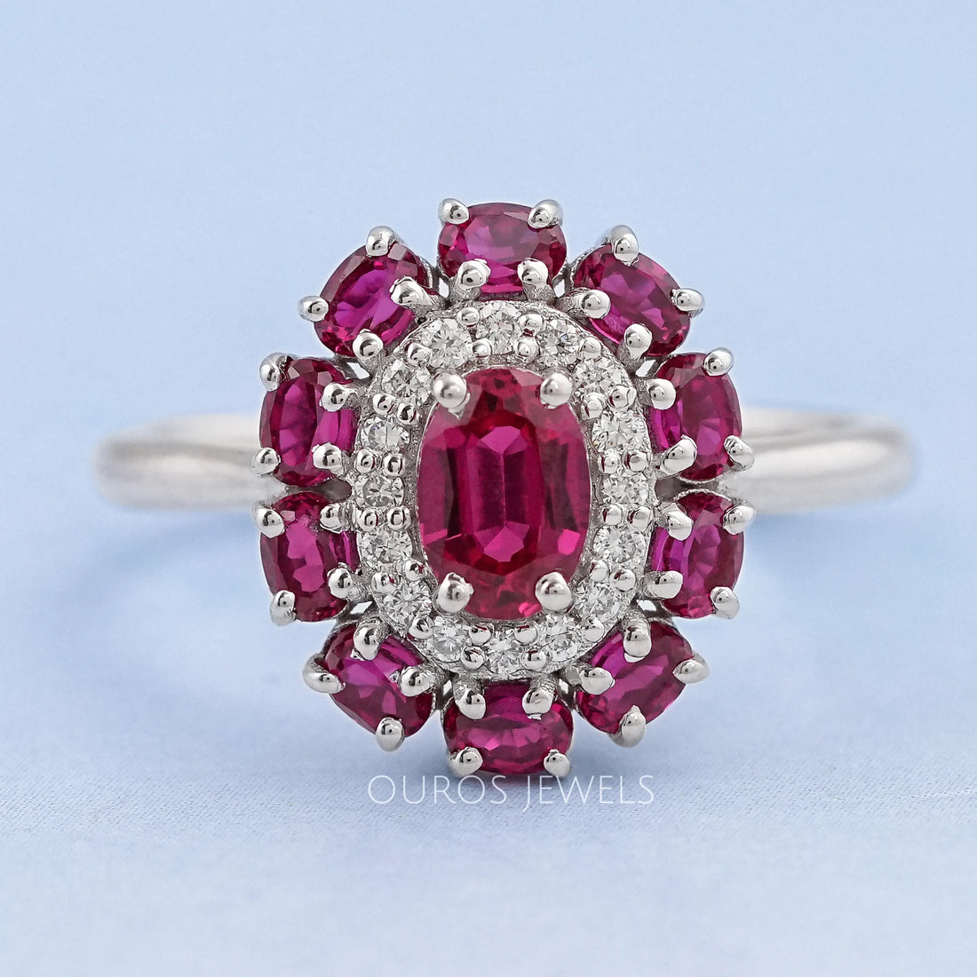 Round and Red Oval Diamond Double Halo Engagement Ring Ring