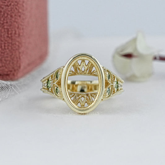 Oval Shape Accent Diamond Milgrain Set Semi-Mount Ring Ring