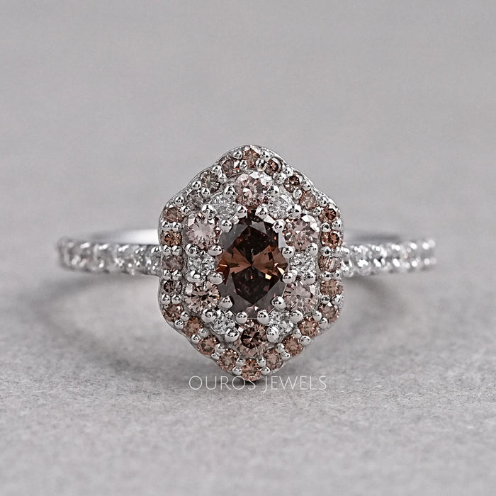 Double Halo Brown Oval Diamond Engagement Ring