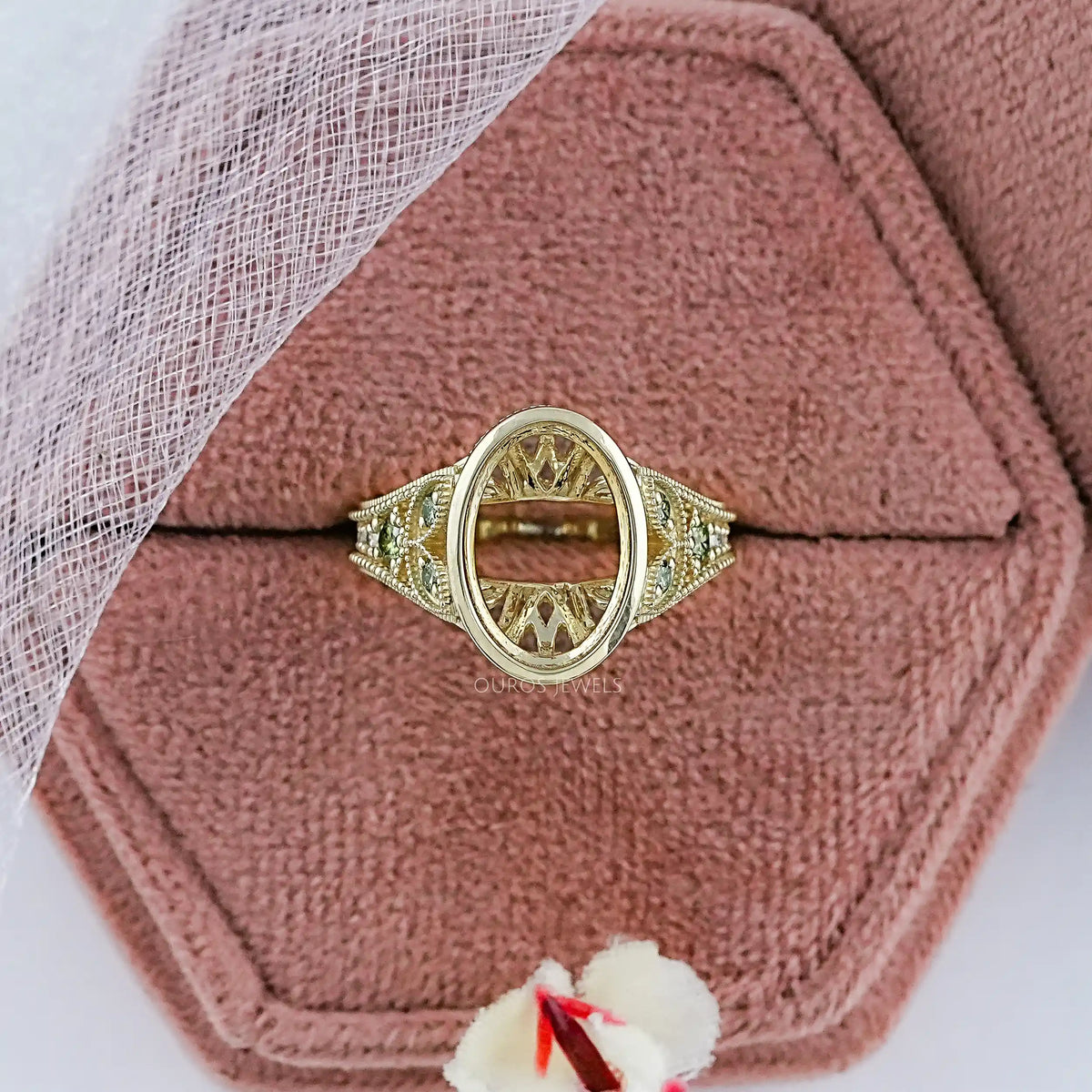 Oval Shape Accent Diamond Milgrain Set Semi-Mount Ring Ring