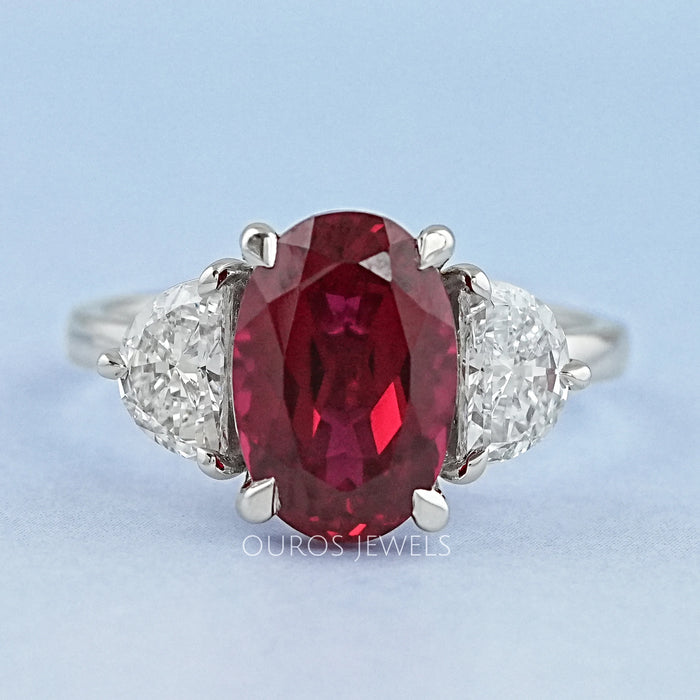 3 Stone Oval Ruby And Half Moon Diamond Ring