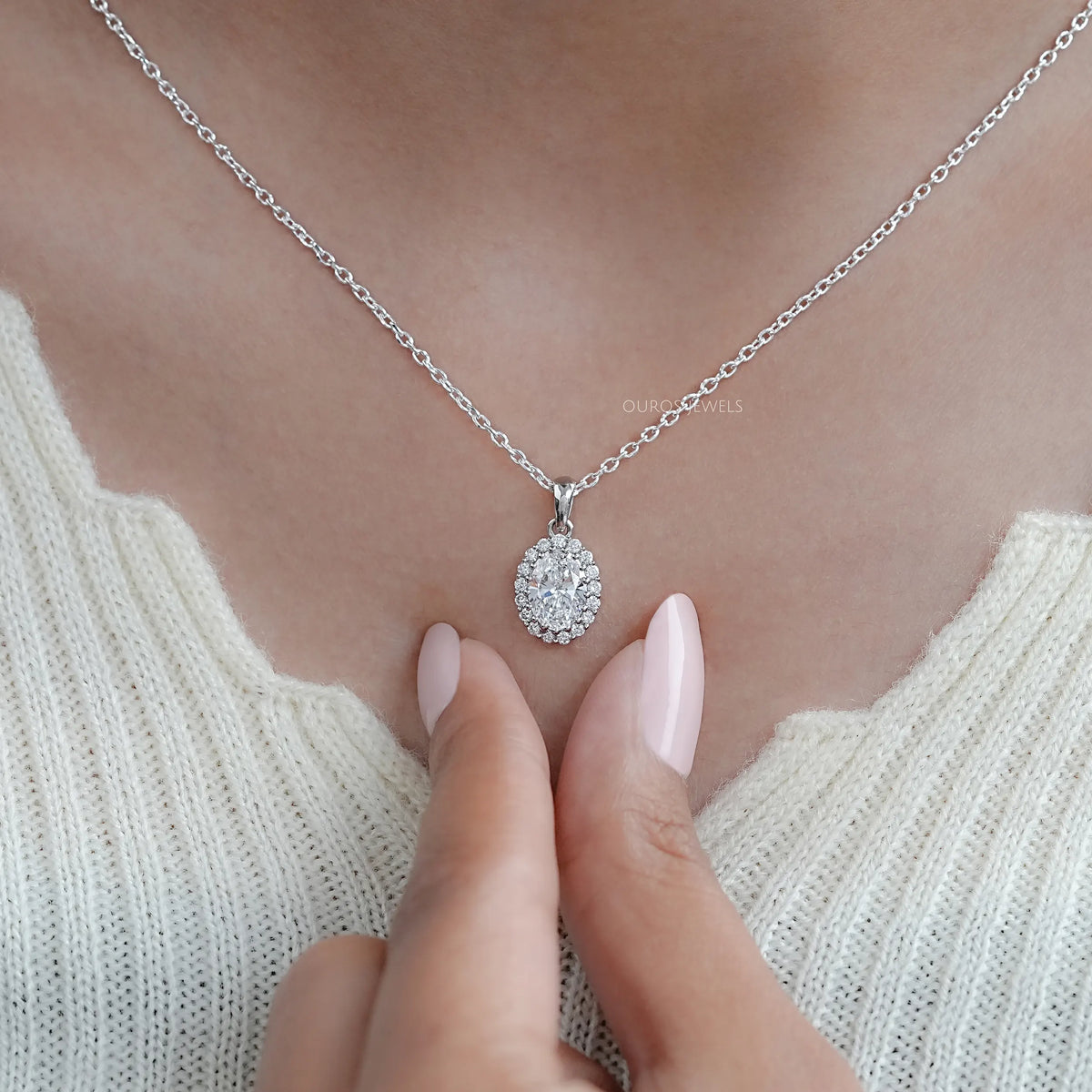 Oval and Round Lab Grown Diamond Halo Pendant Necklaces