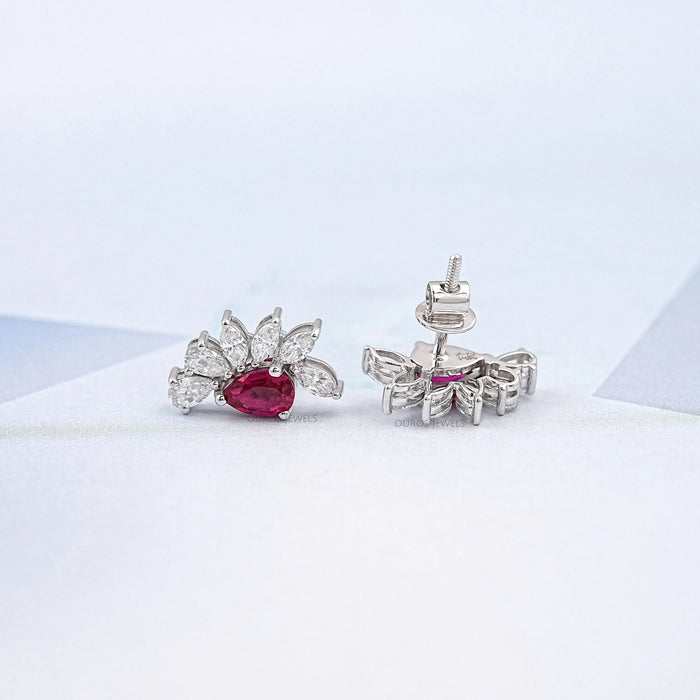 Pear Ruby Gemstone And Marquise Diamond Earrings 