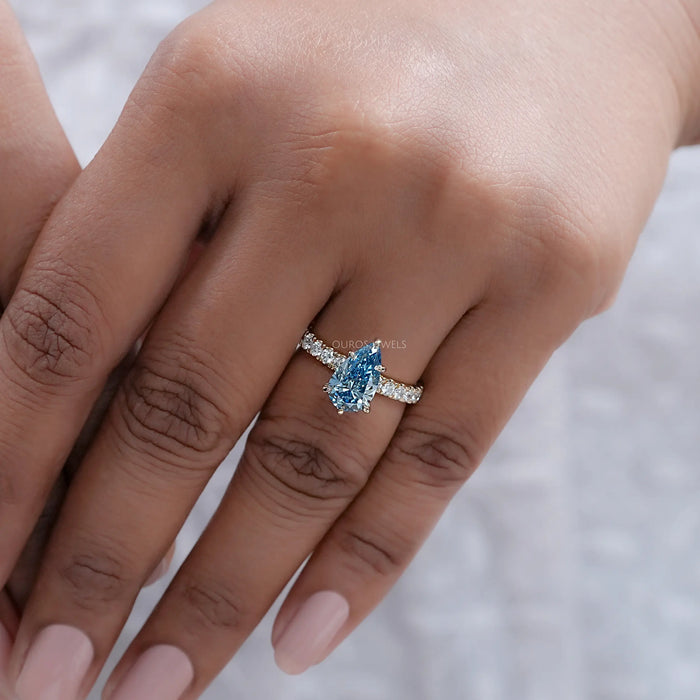 Blue Pear Cut Diamond Solitaire Accent Diamond Ring