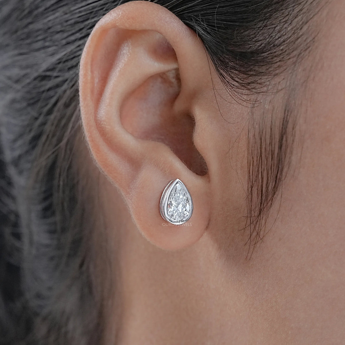 Bezel Set Pear Lab Diamond Stud Earrings