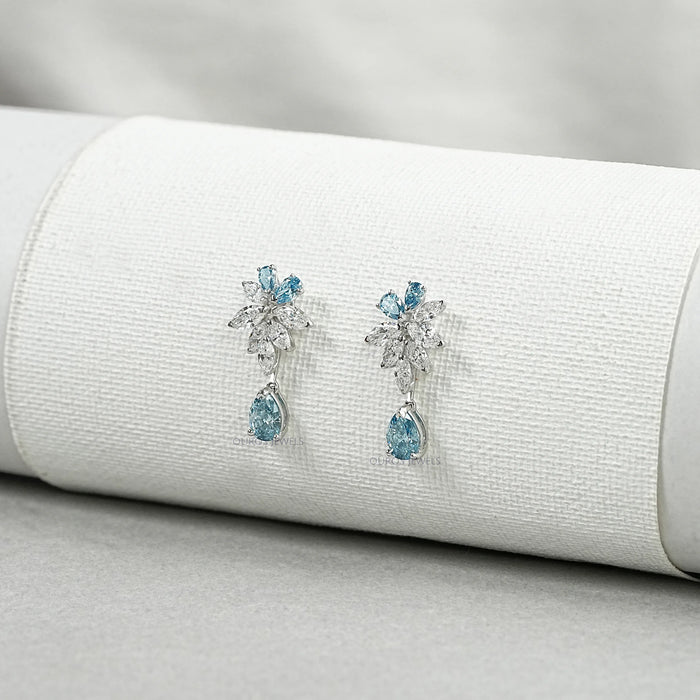 Blue Pear Diamond Cluster Drop Earrings