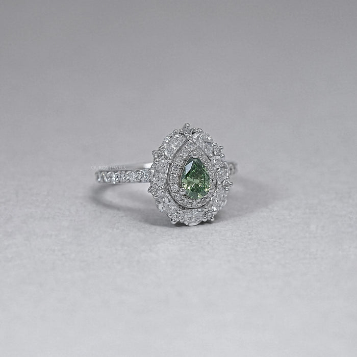 Green Pear Cut Surround Double Halo Diamond Engagement Ring