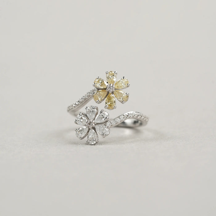 Flower Shape Yellow Pear Cut Lab Diamond Twin Bypass Ring