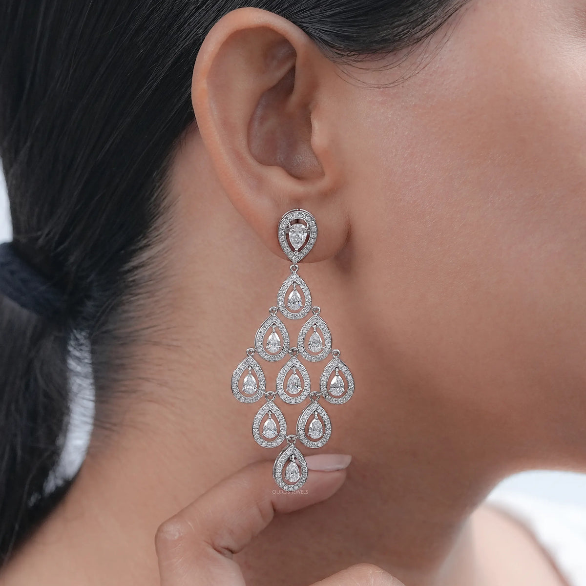 Pear Diamond Halo Set Dangle Chandelier Earrings