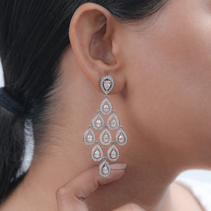 Pear Diamond Halo Set Dangle Chandelier Earrings
