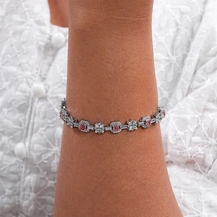 Pink Asscher and Pear Diamond Flower Bracelet