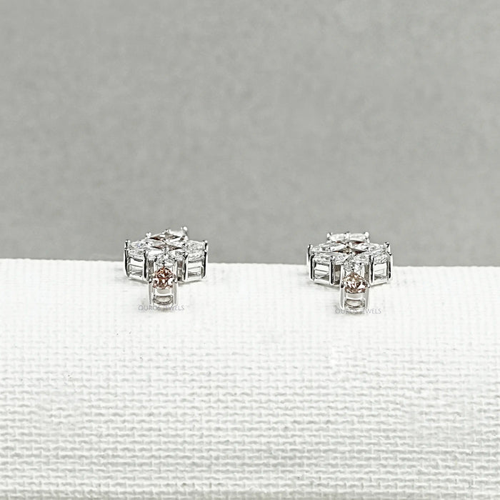 Brown Princess Cut Cluster Diamond Drop Earrings